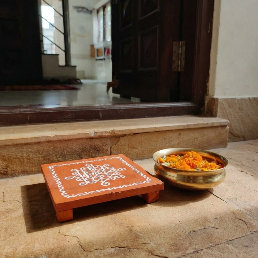 Handcrafted square wooden pooja chowki with white Sikku Kolam rangoli pattern on terracotta finish, elevated on small legs placed Infront of the main gate.