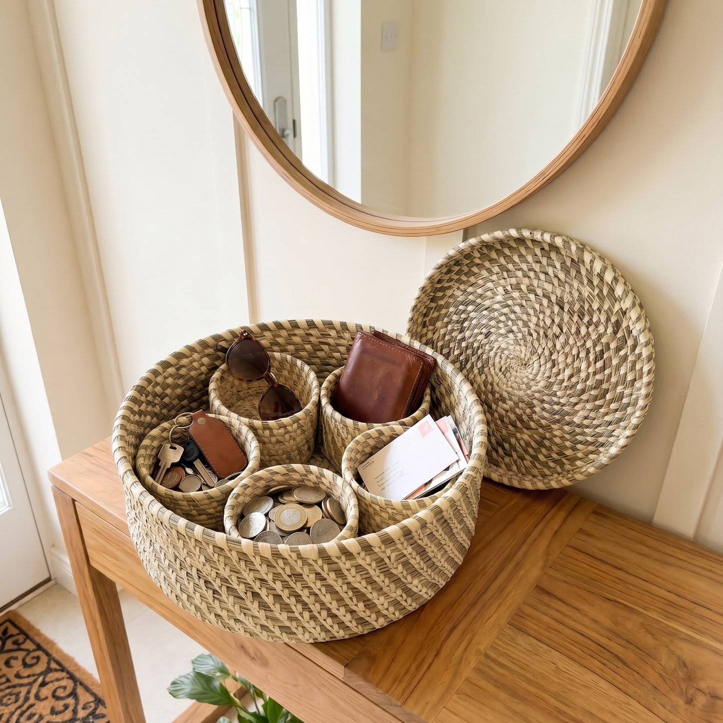 Handwoven natural Sabai grass lidded box with 5 small storage bowls inside, used as utility organizer.