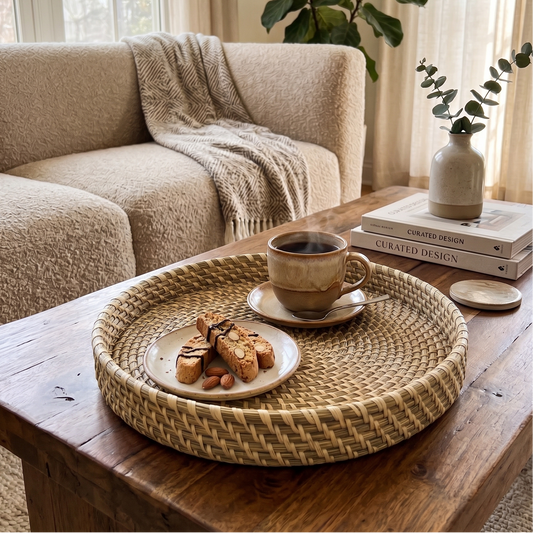 A round handwoven sabai tray on a rustic wooden coffee table, styled with a steaming mug of coffee and biscotti.