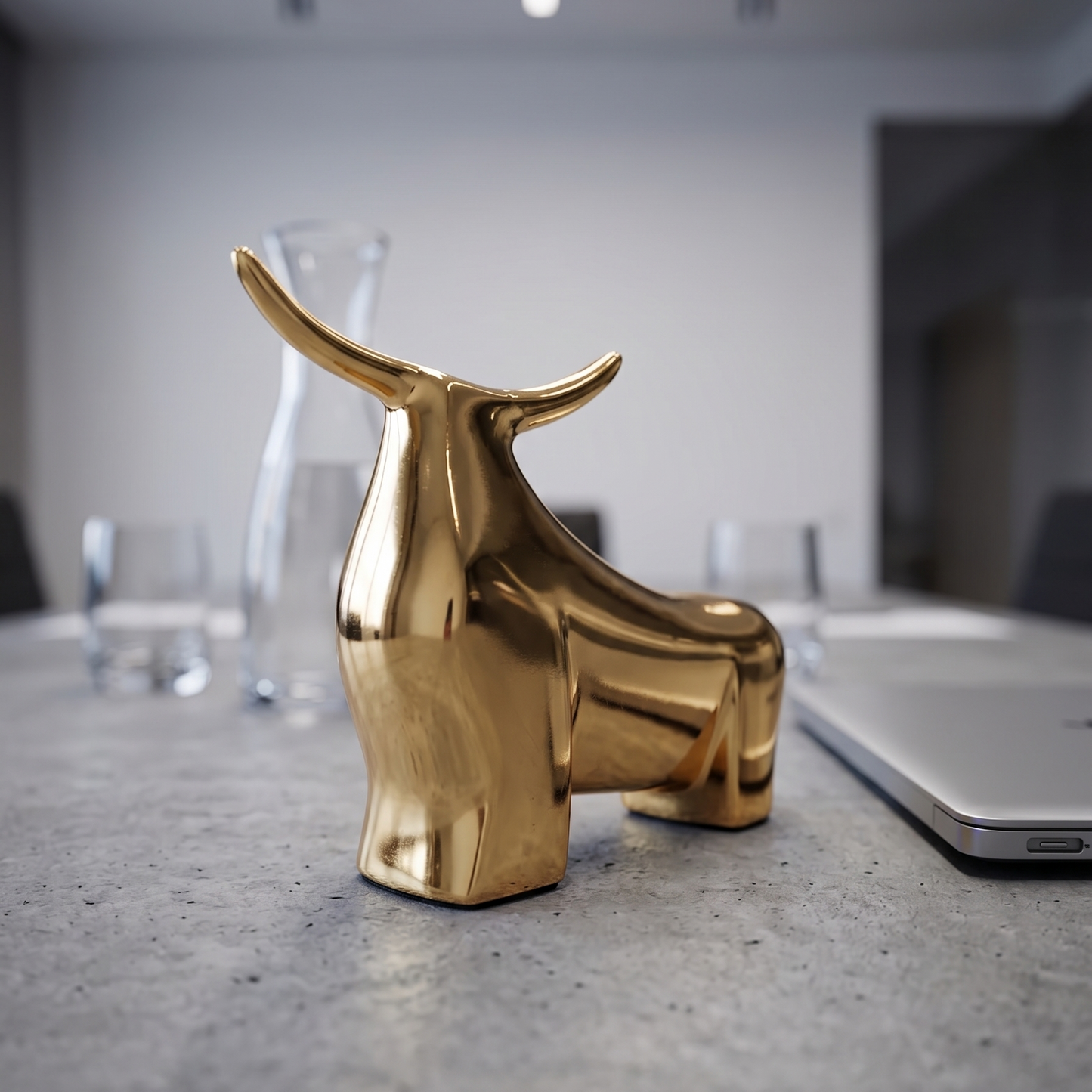 Contemporary abstract bull figurine crafted from aluminum with a polished, vibrant gold finish.
