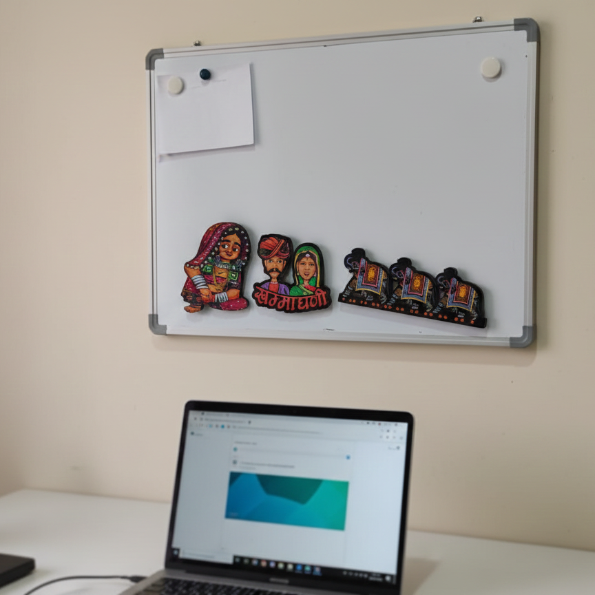 Rajasthani wooden magnets used as ethnic office decor on a whiteboard with a laptop workspace in the foreground.