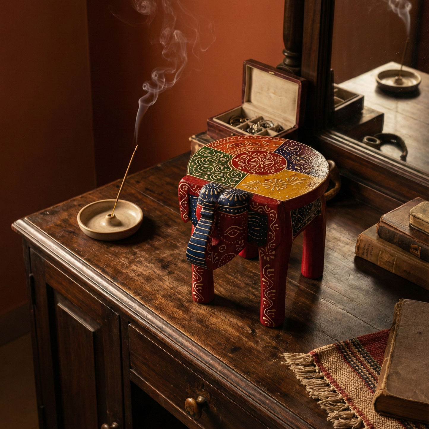 Red hand-painted wooden elephant stool used as a small pooja chowki on a wooden altar. Styled with burning incense stick and vintage decor for a spiritual home corner.