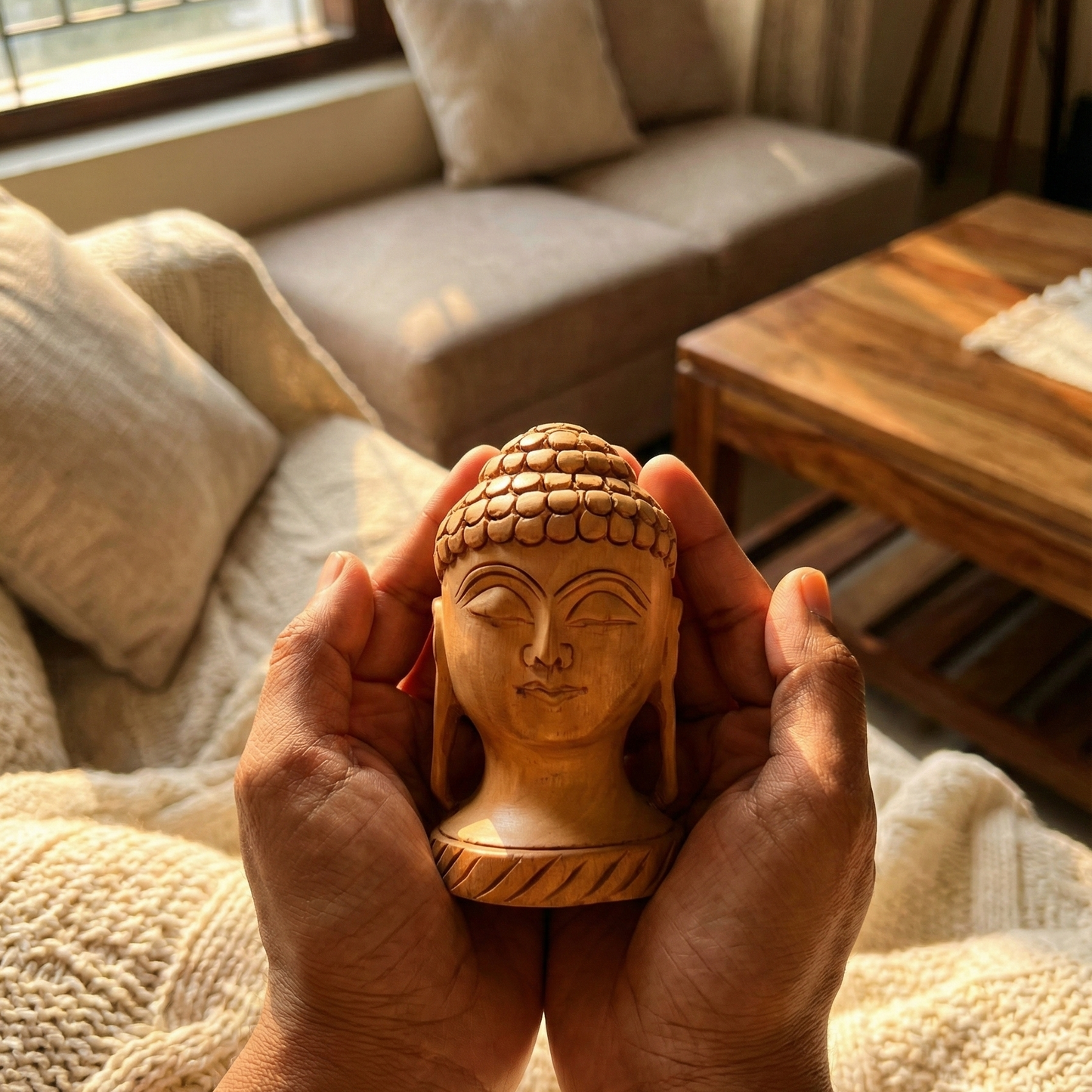 Close-up of a hand-carved wooden Buddha head being held in hands. A perfect spiritual gift or Vastu item for peace and positivity.