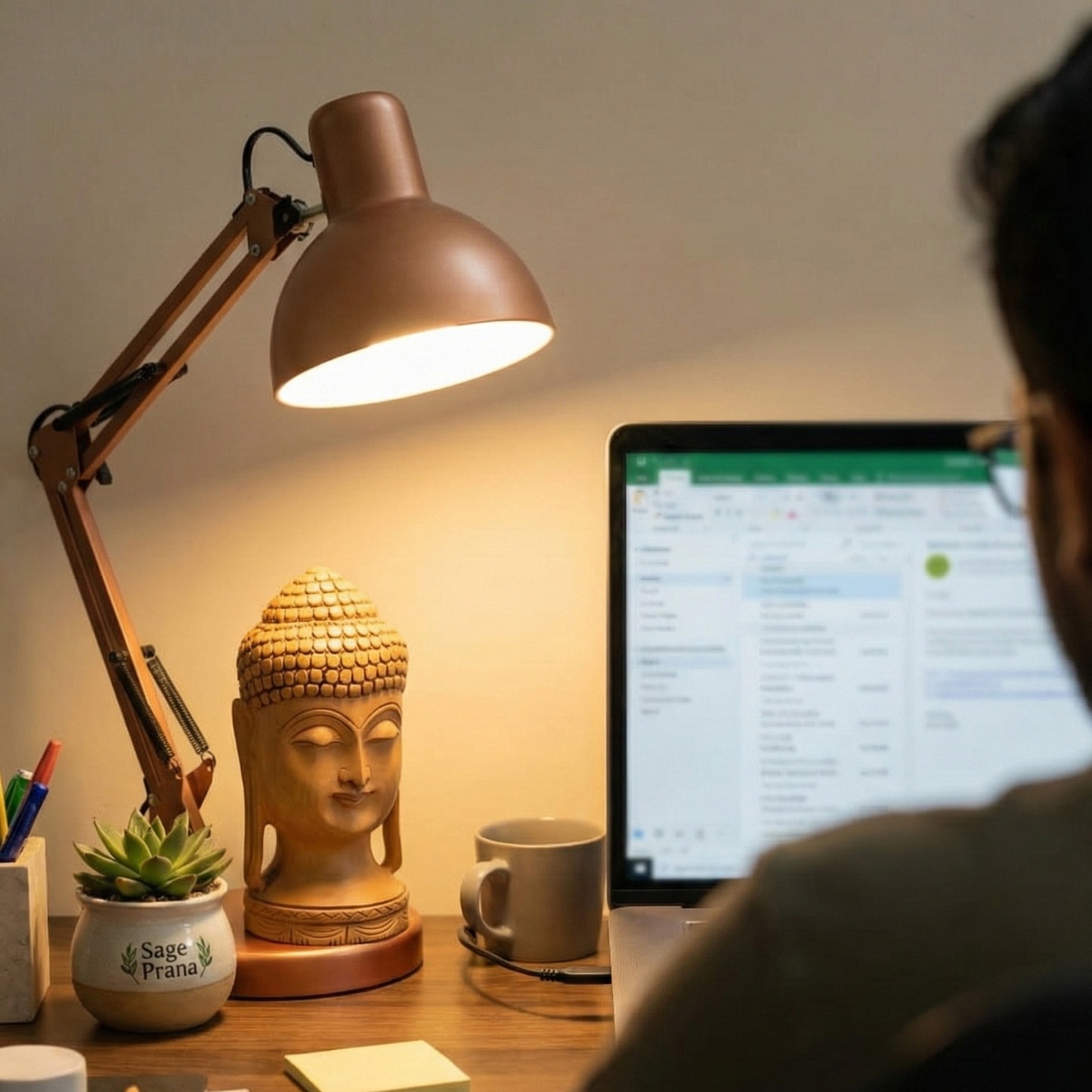 Wooden Buddha head statue sitting on a modern office desk next to a laptop and lamp, adding a calming and spiritual element to a professional workspace or study table.