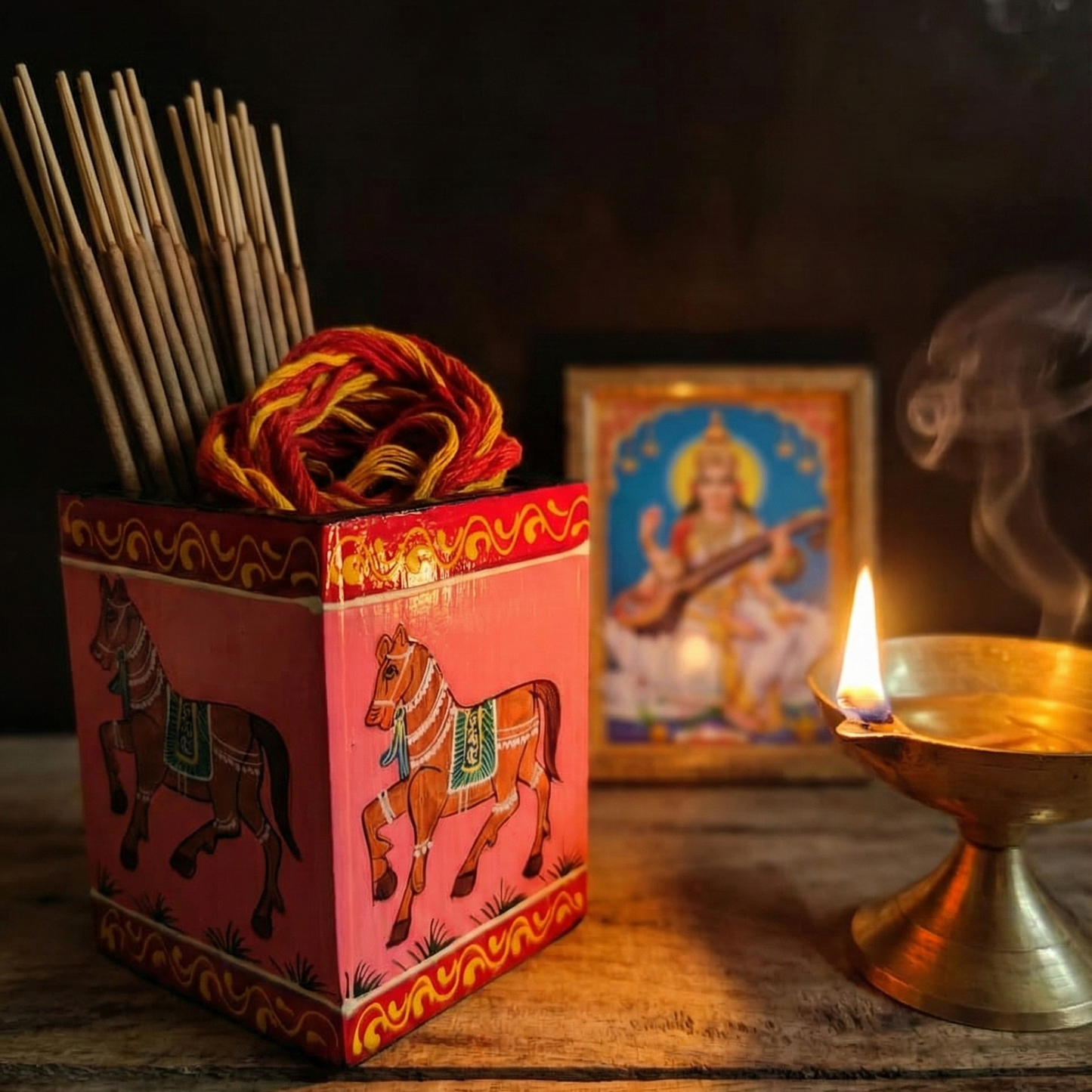 Pink hand-painted wooden organizer with a horse design with incense stick holder and Kalawa