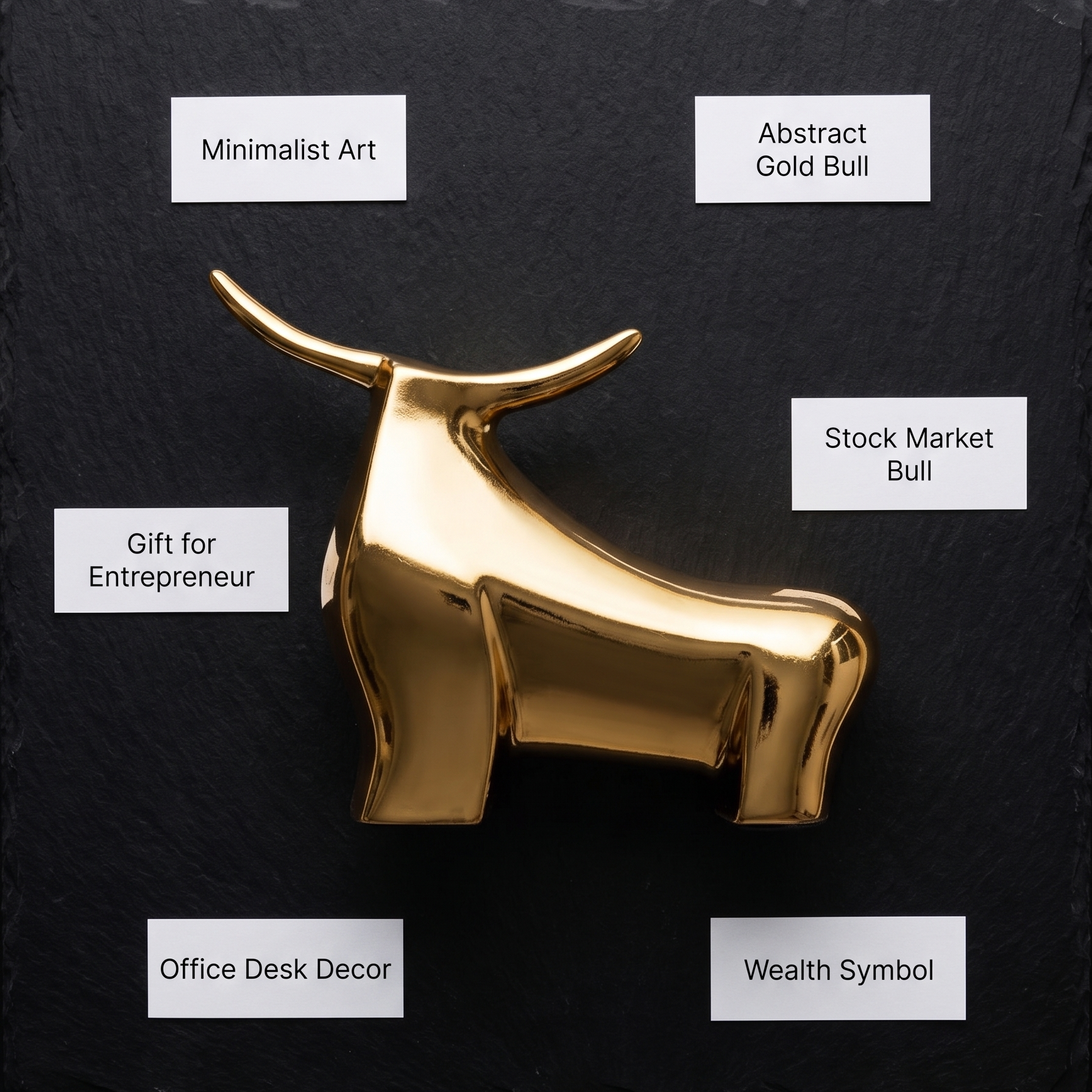 A styled flat lay photo featuring the 'Apex' Golden Bull. It is placed on a matte black textured surface. Small, minimalist white tags with black text are placed around it, subtly referencing the metadata: "Abstract Gold Bull", "Stock Market Bull", "Office Desk Decor", "Wealth Symbol", "Minimalist Art", and "Gift for Entrepreneur". Use a minimalist composition. Lighting is even and precise.