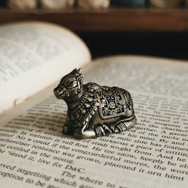 A detailed miniature metal Nandi figurine with a dark antique finish resting on the open, text-filled pages of a vintage book in front of a blurred bookshelf.
