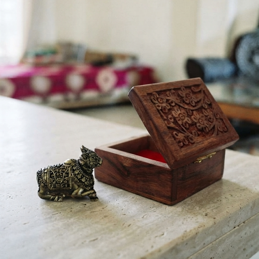 A small metal Nandiji figurine with a dark antique finish sitting on a light stone table next to a small, open carved wooden box with a red interior.