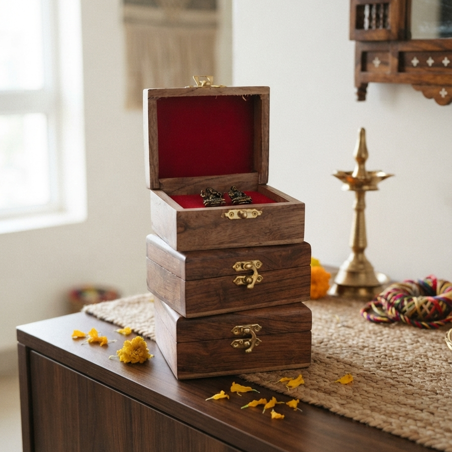 Miniature antique metal Laxmi and Ganesh idols displayed inside the top box of a stack of three small, carved wooden boxes with red velvet lining, sitting on a dark wood cabinet.