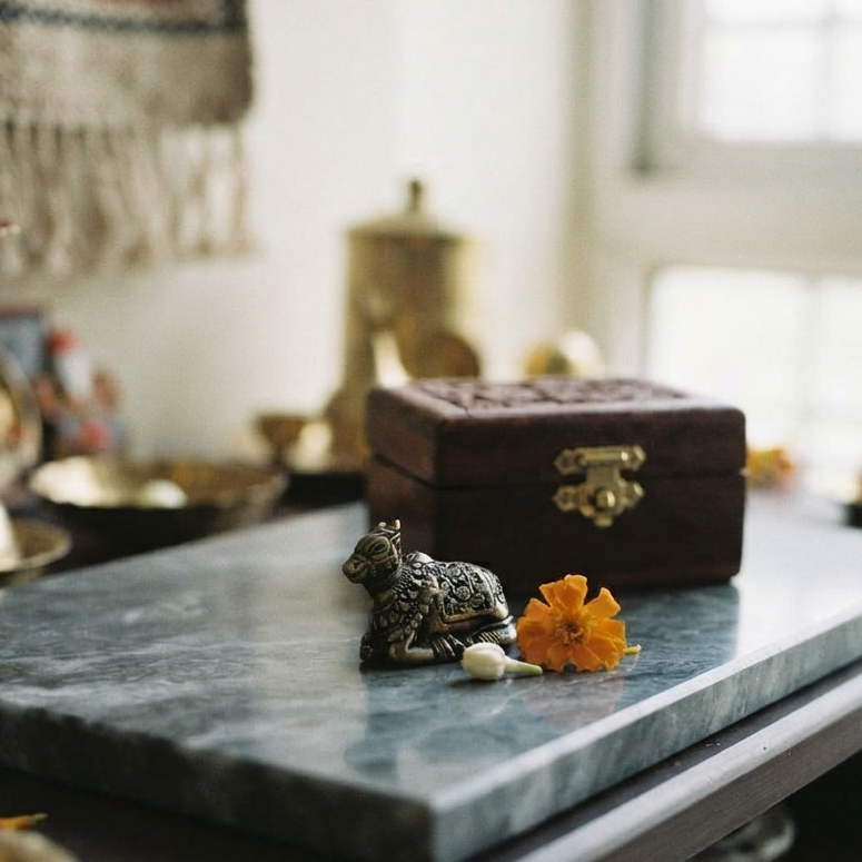 An antique finish metal Nandiji figurine resting on a grey marble slab, surrounded by scattered orange marigold flowers, a wooden box, and traditional puja items in a softly lit room.