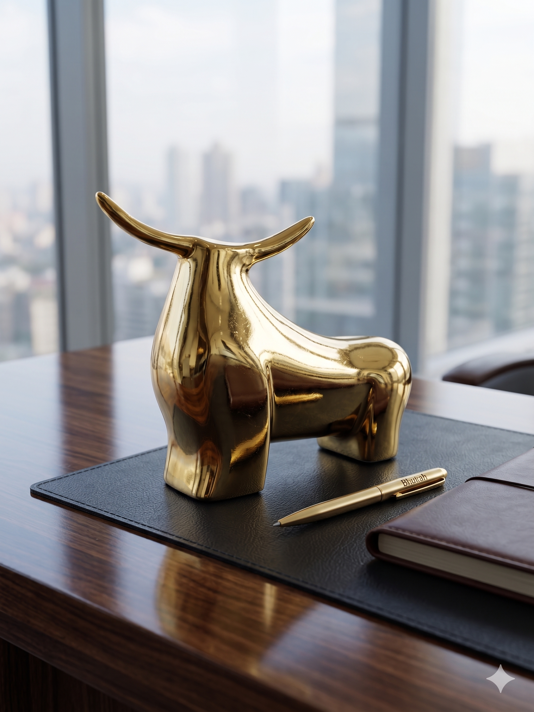 'Apex' Golden Bull figurine standing prominently on a polished dark walnut executive desk. It sits on a subtle, textured black leather mat, next to a minimalist gold pen and a closed, sleek leather journal. The background is a clean, modern high-rise office window with a soft city skyline view. Diffused daylight catches the bull's highly reflective gold surface, creating complex light refractions. 
