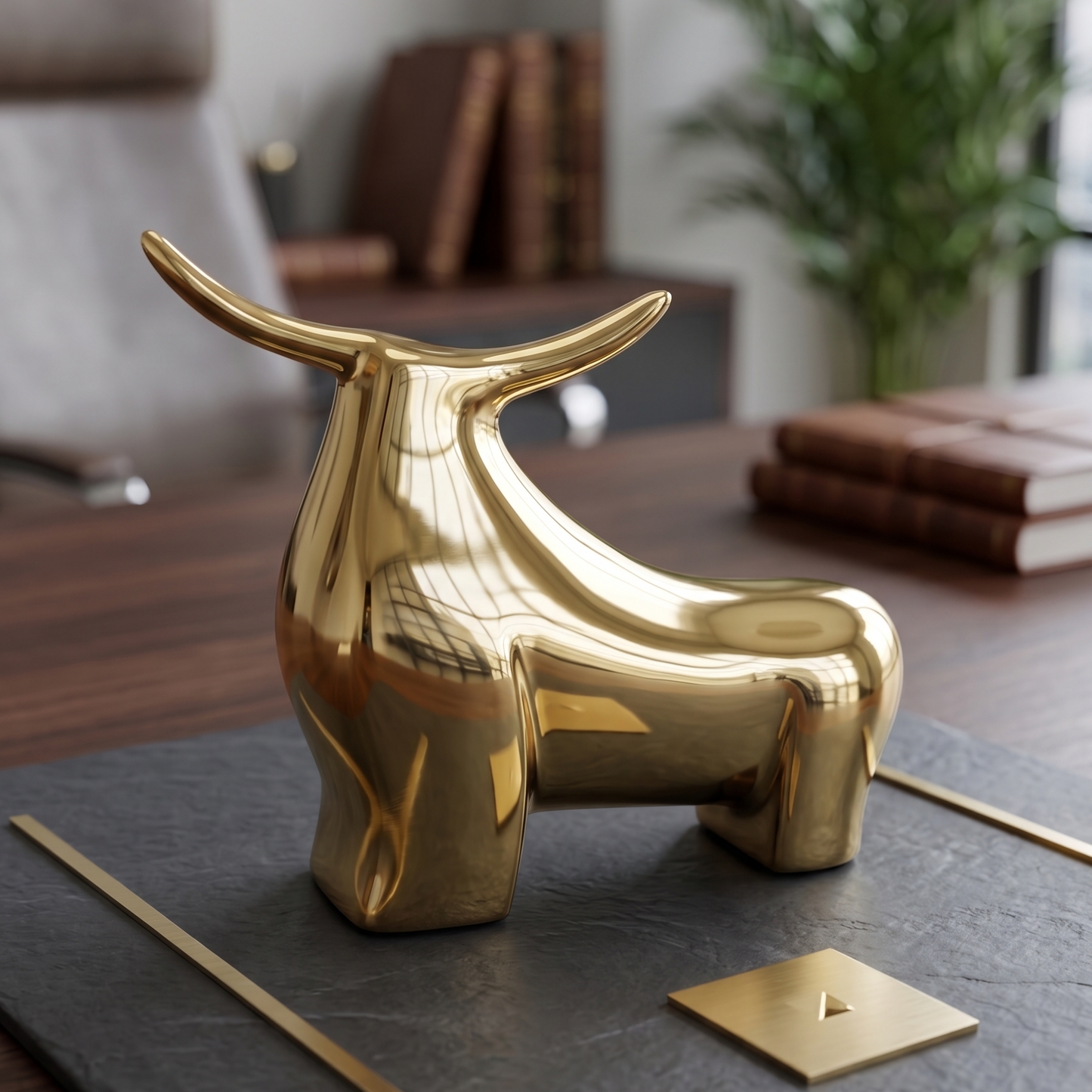 A high-resolution, focused composition featuring the 'Apex' Golden Bull standing centrally on a smooth, matte slate surface with a few brushed brass elements. Soft, diffused overhead light creates clean reflections on the gold finish, while a slight window reflection is visible. The background is a gently blurred natural office environment. This is the cornerstone image.