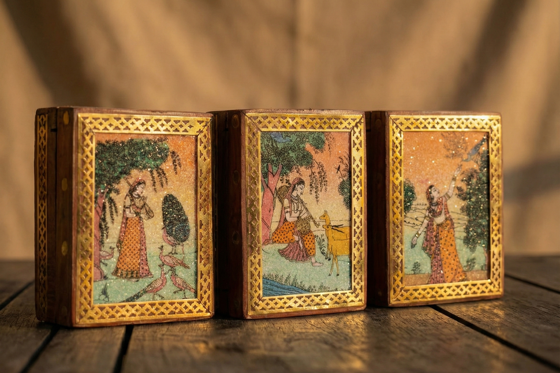 Assorted Designs decorative boxes with miniature painting on a wooden surface