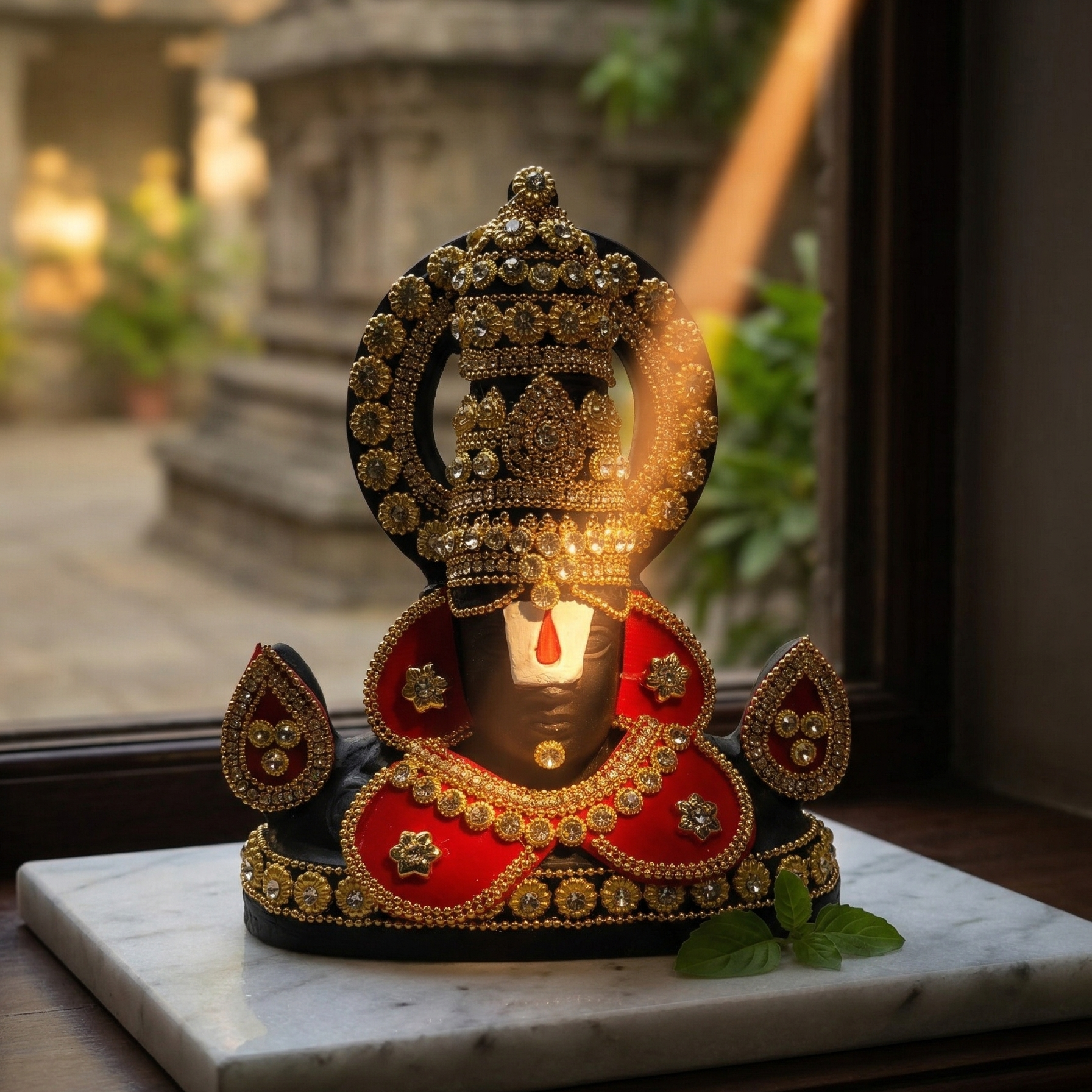 Black Tirupati Balaji divine face adorned with red and gold-tone stone embellishments on a mable sunlight hitting the tilak of lord Balaji.