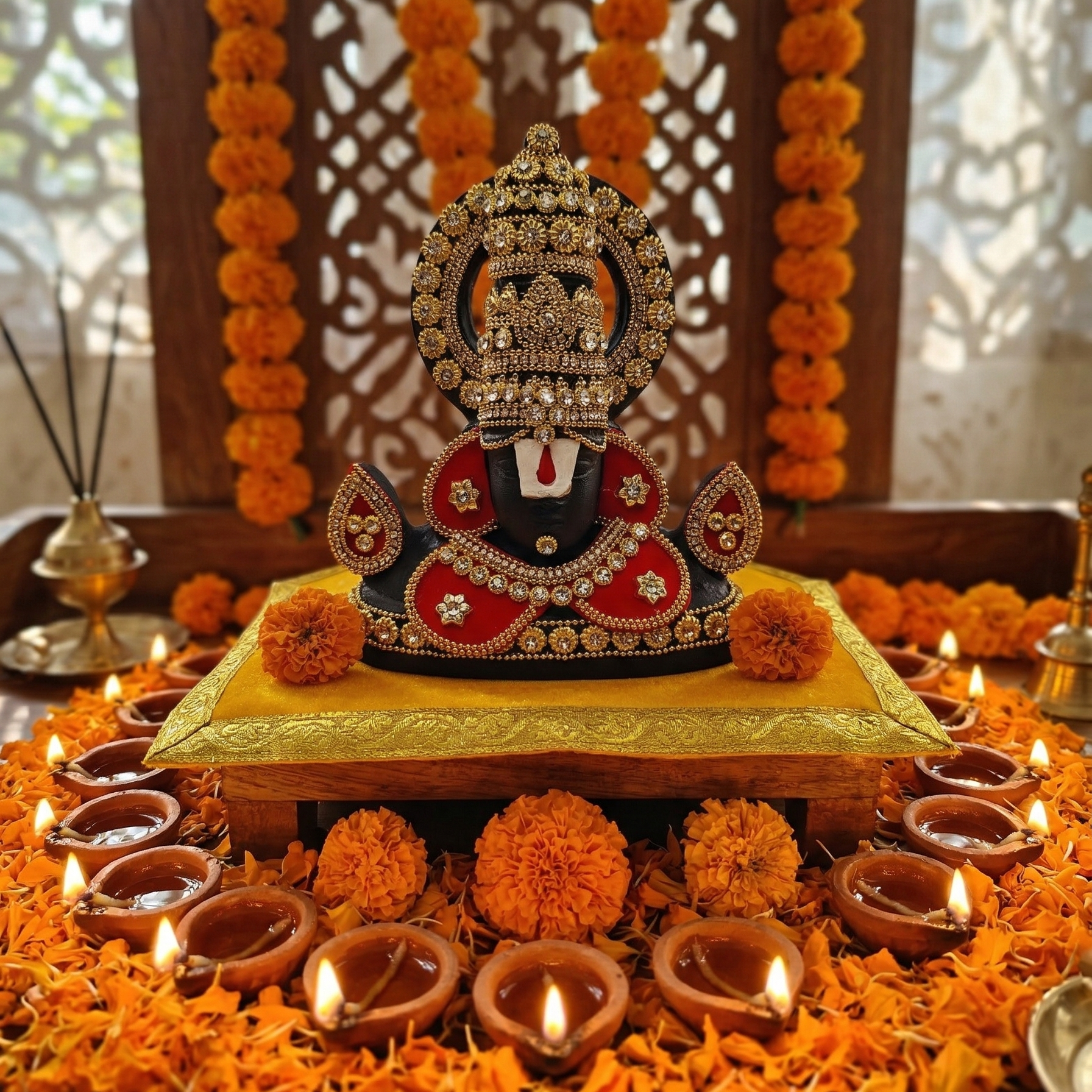 Black Tirupati Balaji divine face adorned with red and gold-tone stone embellishments, surrounded by marigolds and a line of diyas.