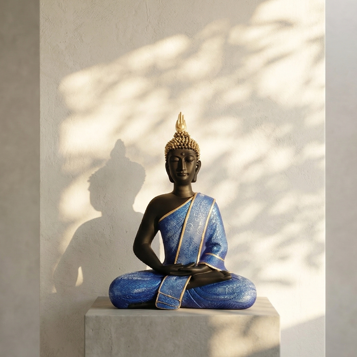 Black meditating Buddha statue in Dhyana mudra wearing intricately textured blue robe with gold borders