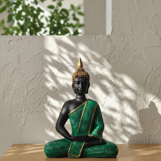 Black meditating Buddha statue in Dhyana mudra wearing intricately textured green robe with gold borders. 