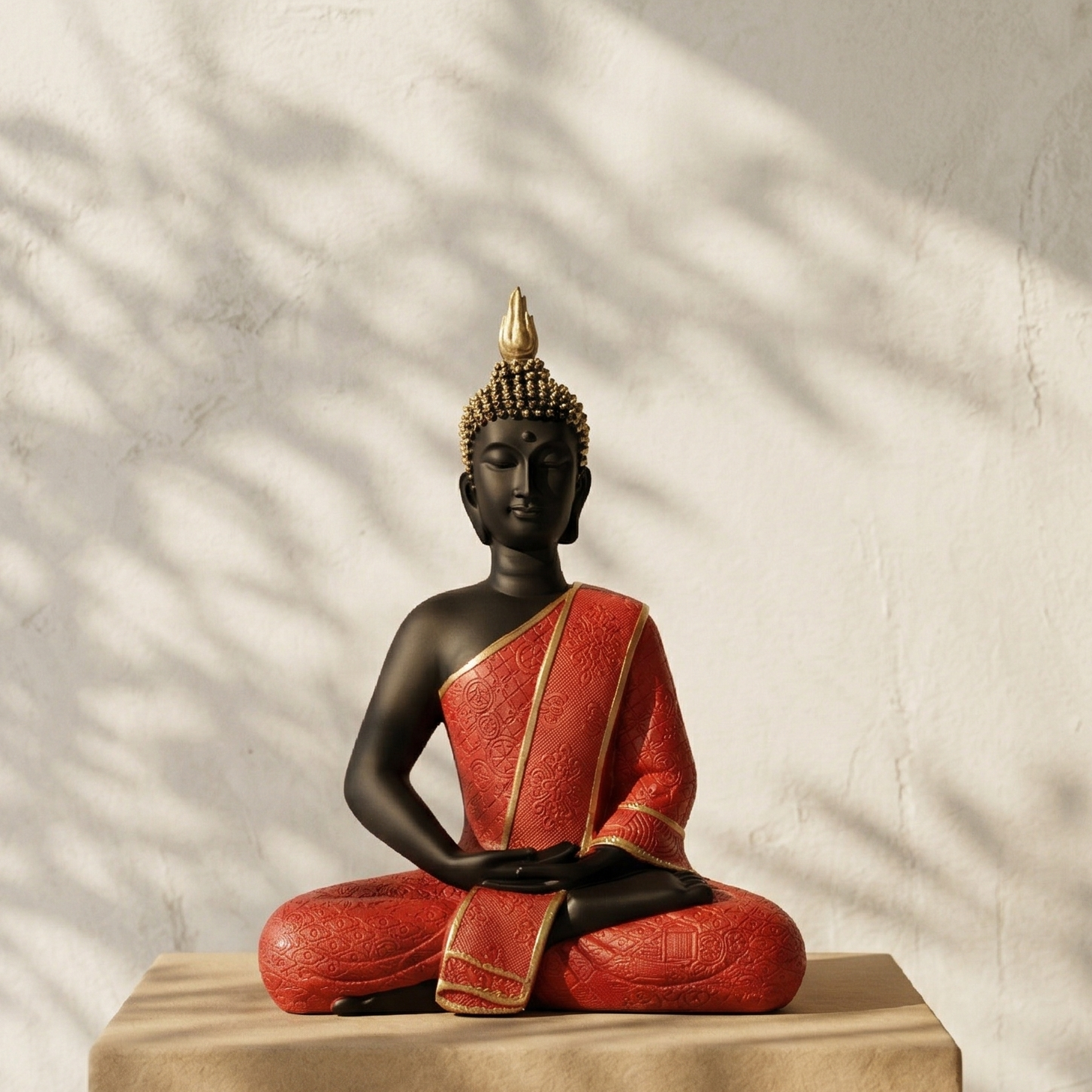 Black meditating Buddha statue in Dhyana mudra wearing intricately textured red robe with gold borders