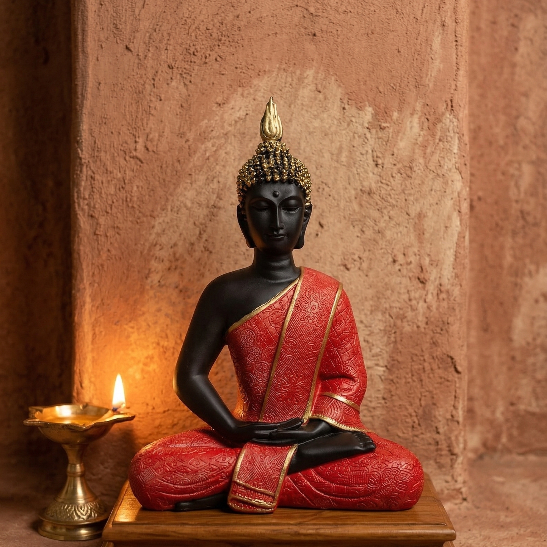 Black meditating Buddha statue in Dhyana mudra wearing intricately textured red robe with gold borders placed on a wooden plank with diya lit on the side