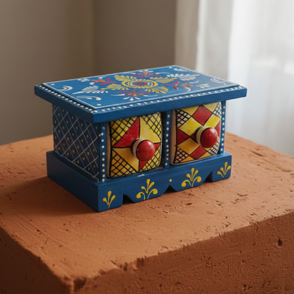 Blue Hand-painted wooden mini chest of drawers with two ceramic drawers 