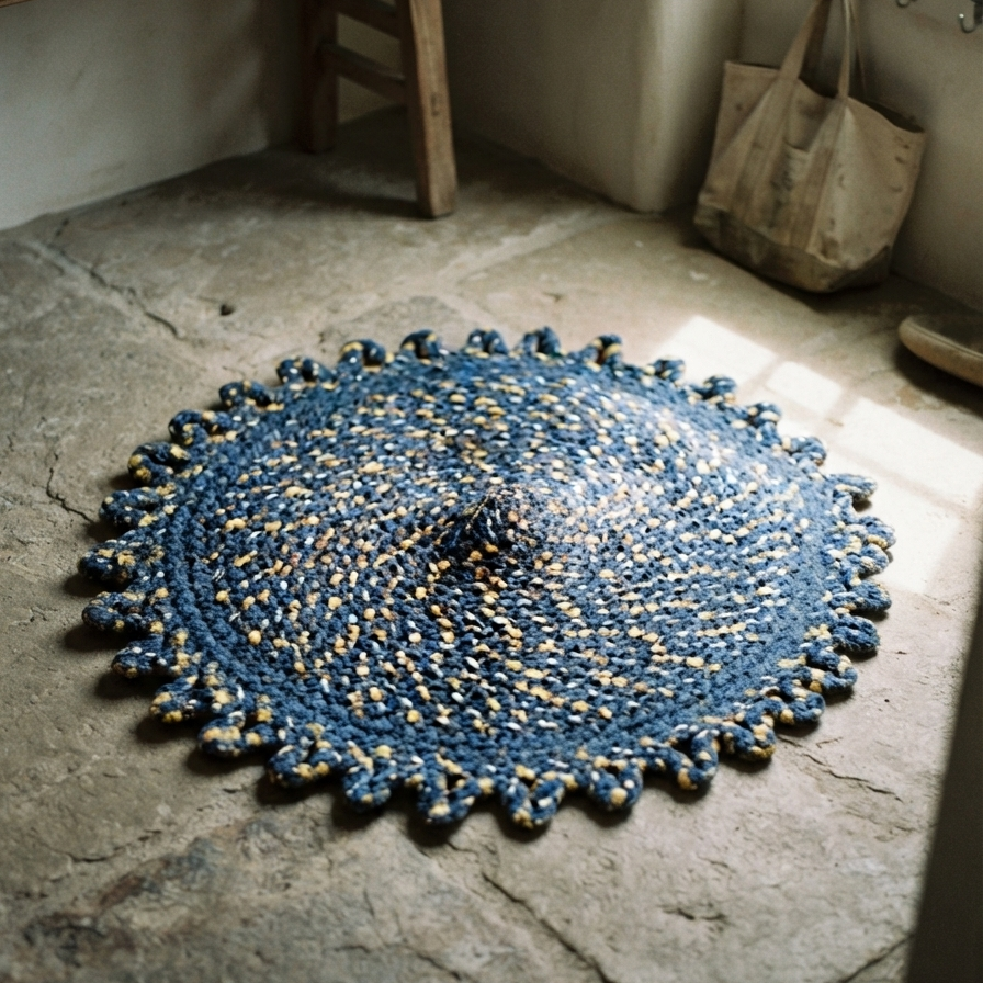 A round, handwoven blue rug featuring speckled natural fibers and a scalloped textured edge, laid on a rustic flagstone floor near a wooden bench and canvas tote bag.