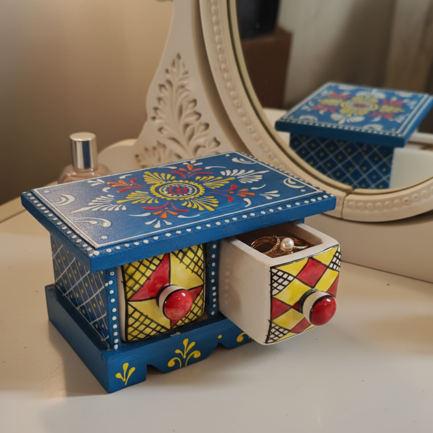 Blue wooden mini chest with floral hand-painted ceramic drawers. Two-drawer tabletop organizer for jewelry, spices, or bathroom vanity storage