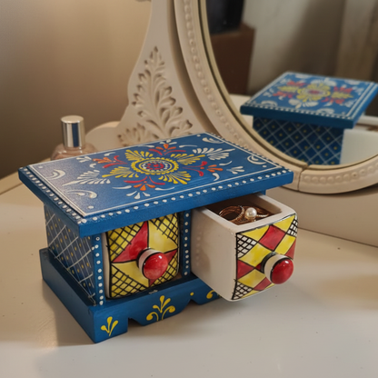 Blue wooden mini chest with floral hand-painted ceramic drawers. Two-drawer tabletop organizer for jewelry, spices, or bathroom vanity storage