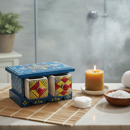 Blue wooden storage chest with hand-painted ceramic drawers with colorful patterns on a bathroom counter with candles and towels in the background.