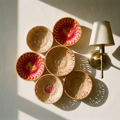 Six decorative woven bamboo wall bowls with pink and natural colored geometric weaves, arranged on a sunny wall beside a brass wall lamp with a white shade.