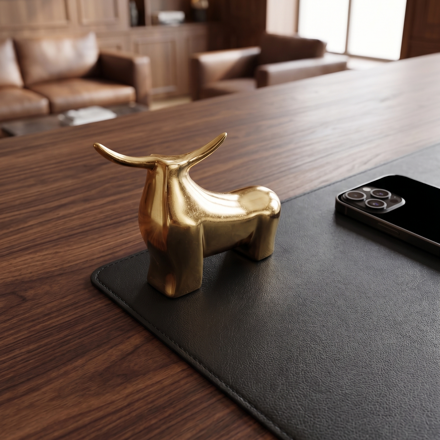 Close-up shot focused on the 'Apex' bull as a subtle centerpiece on a long, concrete boardroom table. Shallow depth of field ensures a blurred, very close background of standard meeting room.