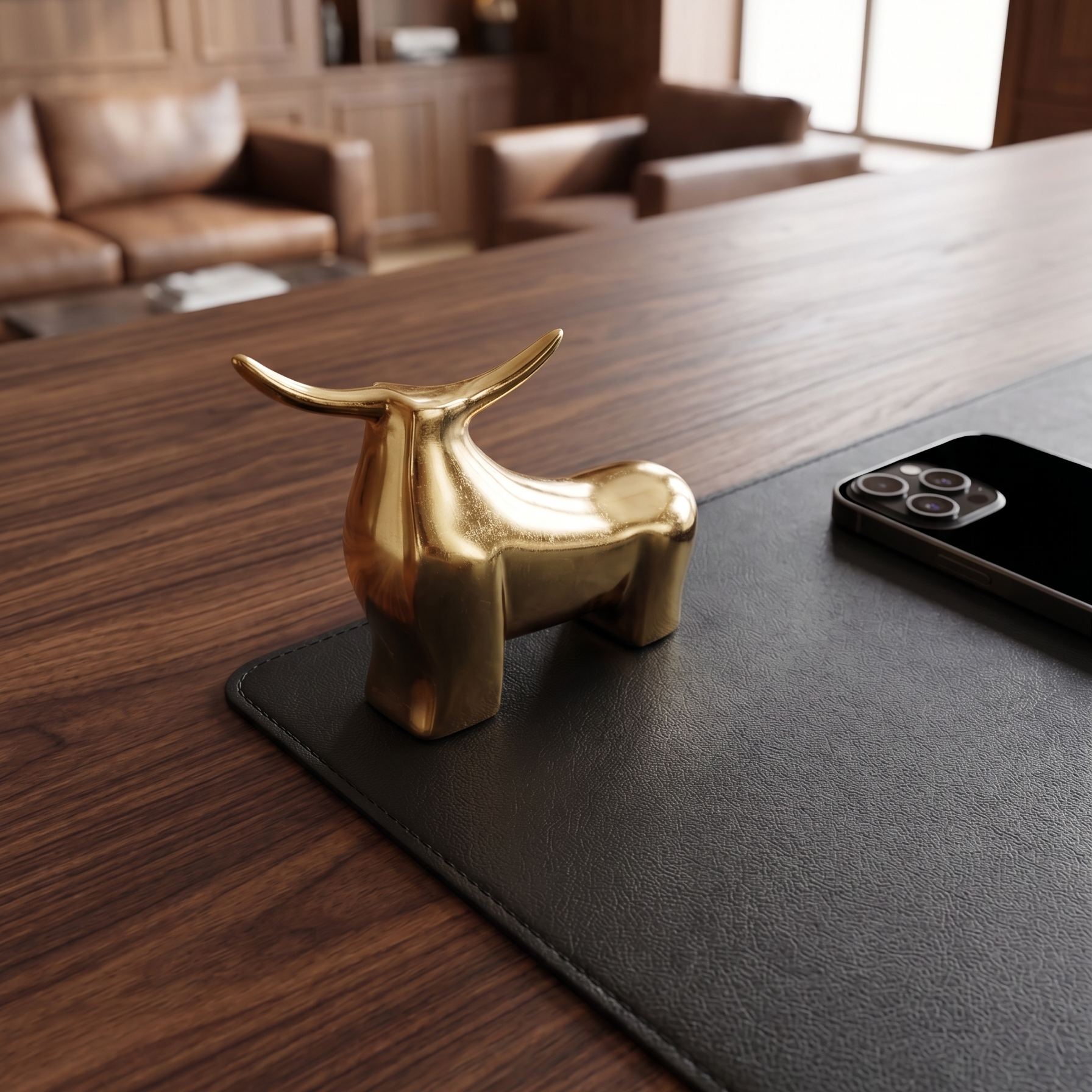 Close-up shot focused on the 'Apex' bull as a subtle centerpiece on a long, concrete boardroom table. Shallow depth of field ensures a blurred, very close background of standard meeting room.
