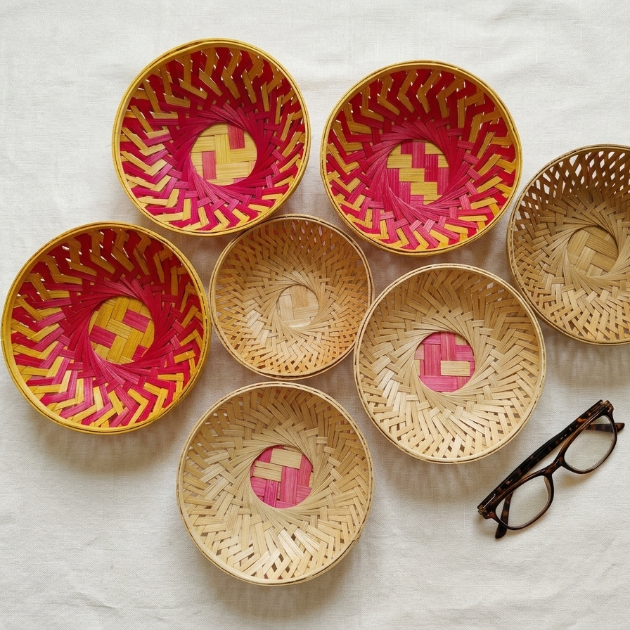 Top-down view of seven woven bamboo bowls in natural and vibrant pink patterns resting on white linen, with tortoiseshell glasses placed nearby for scale.