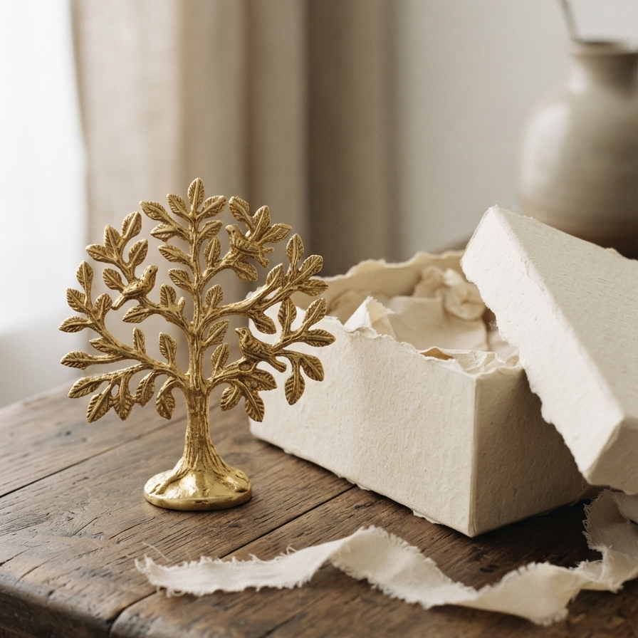A gold-polished aluminum tree sculpture standing on a dark wooden table beside an open, rustic handmade paper gift box with torn edges.