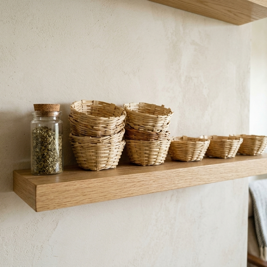 On a light oak floating shelf mounted against a stucco wall, four small round woven bamboo basket bowls are displayed; one basket is open, another is filled with small seeds or herbs, and two are stacked, beside a glass jar with a cork lid containing whole green herbs.