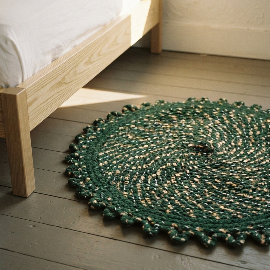 A deep green circular braided rug with a textured scalloped border placed on grey painted floorboards next to a light oak wooden bed frame with crisp white sheets.