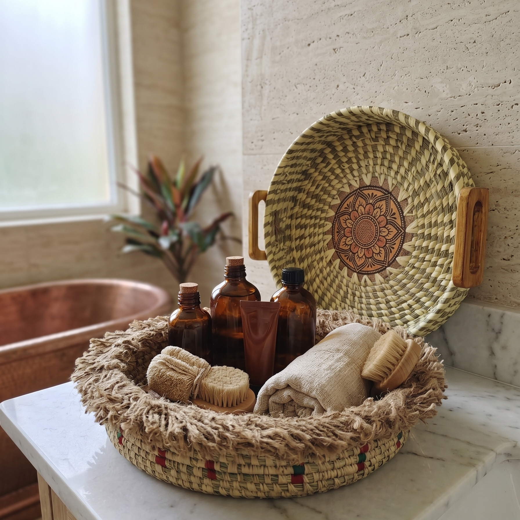 An eco-friendly bathroom vanity setup on a white marble counter featuring a handwoven oval fringed sabai basket holding amber apothecary bottles, dry brushes, and a rolled towel, with a round wooden-handled mandala tray propped elegantly in the background.