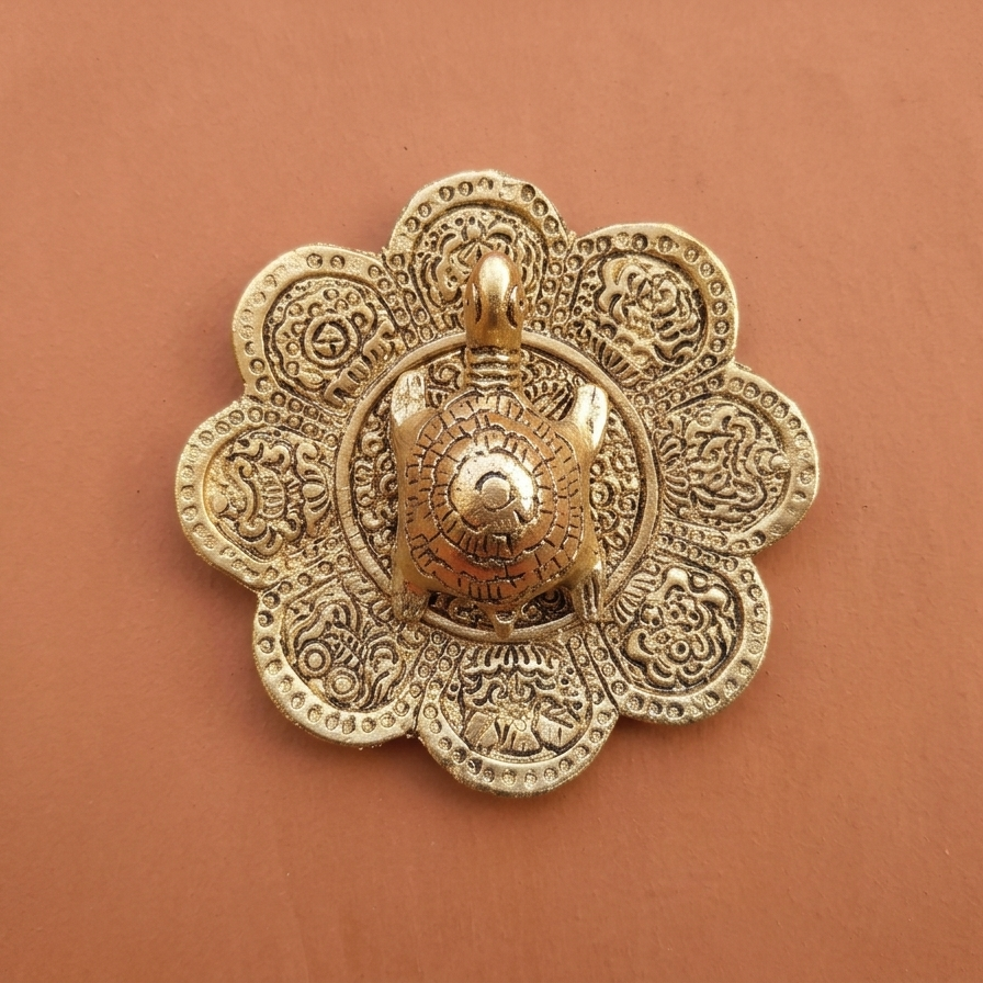 Top-down close-up of a detailed gold-polished aluminum tortoise figurine resting on a matching embossed mandala plate, set against a smooth terracotta background.