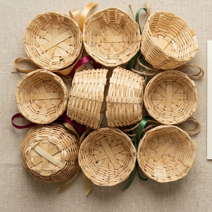 Ten small round woven bamboo baskets are meticulously arranged into a square pattern on a textured neutral linen surface, interwoven with colorful gold, burgundy, and green ribbons, and a matching jute twine bow, beside a cream-colored product booklet featuring gold text.