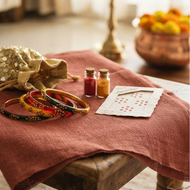 A festive Indian return gift bundle laid out on a terracotta cloth over a small wooden stool, showcasing assorted lac bangles, a bindi card, small haldi and kumkum corked vials, and a golden potli pouch.