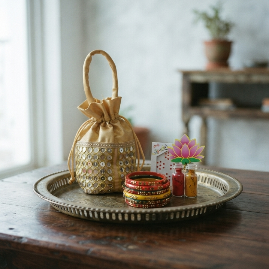 A beautifully curated festive gift set featuring a golden mirror potli, stacked colorful lac bangles, and haldi kumkum vials displayed on a vintage brass tray over a wooden table.