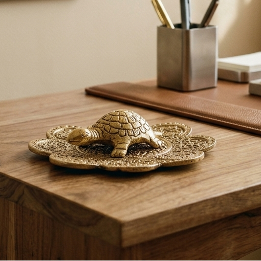 A decorative gold-polished aluminum tortoise resting on an intricately carved floral base, styled on a wooden office desk next to a leather mat and a metal pen holder.