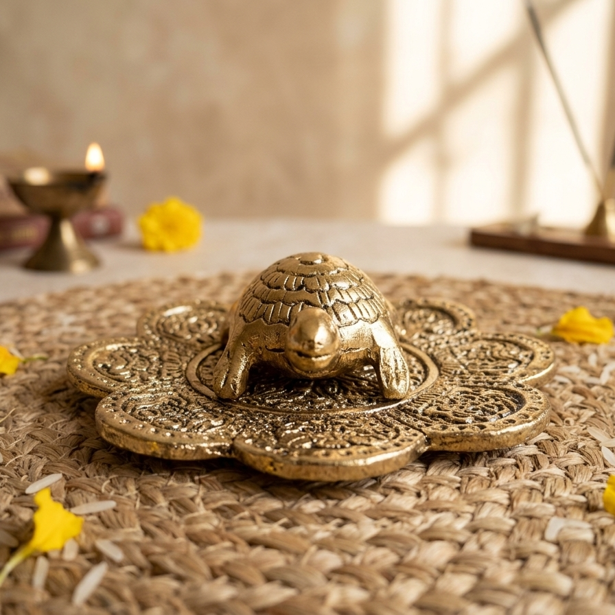 An aluminum tortoise showpiece with a gold finish placed on a round woven jute mat, surrounded by scattered yellow flower petals, rice grains, and a glowing diya in a spiritual setting.