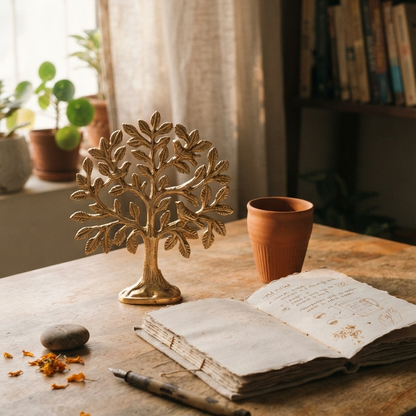 A gold-finished aluminum Tree of Life sculpture styled on a distressed wooden desk next to an open handwritten journal, a dip pen, and a terracotta cup near a sunny window.