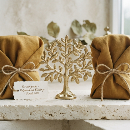 A golden aluminum Kalpavriksha tree centerpiece placed on a stone ledge between two mustard-yellow fabric-wrapped gifts, complete with a handwritten tag reading 'For our guests - Kalpavriksha Blessings - Diwali 2024'.