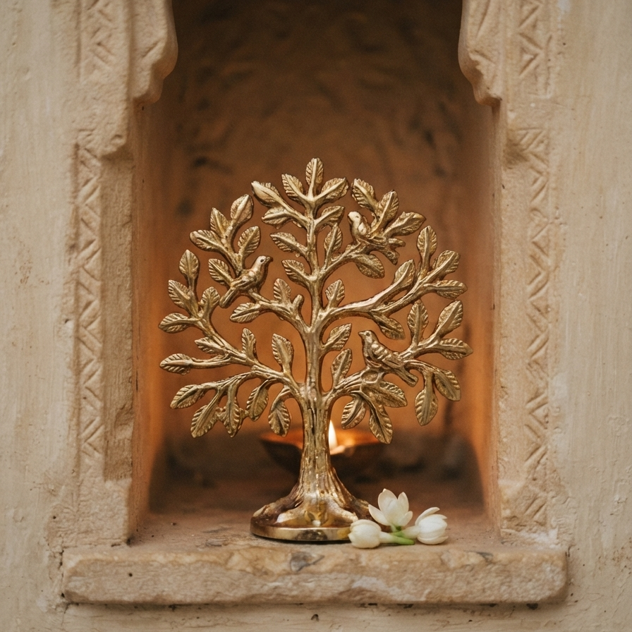 A decorative gold-polished aluminum tree featuring sitting birds, displayed inside a carved stone wall niche illuminated by a small candle flame and white jasmine flowers.