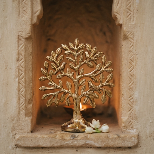 A decorative gold-polished aluminum tree featuring sitting birds, displayed inside a carved stone wall niche illuminated by a small candle flame and white jasmine flowers.