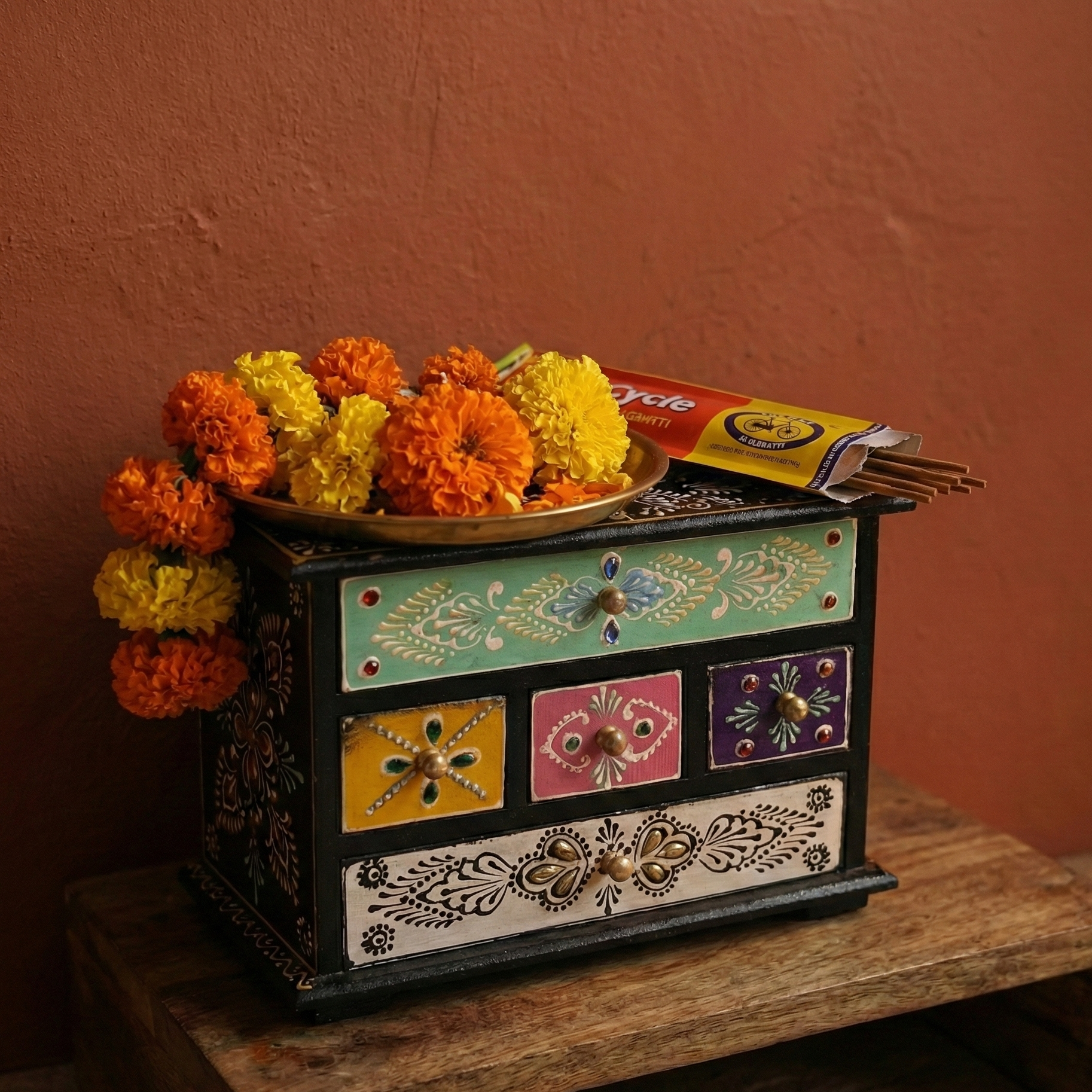 Hand-Painted Wooden Jewelry Box & Mini Chest | 5-Drawer Organizer to store Pooja Essentials