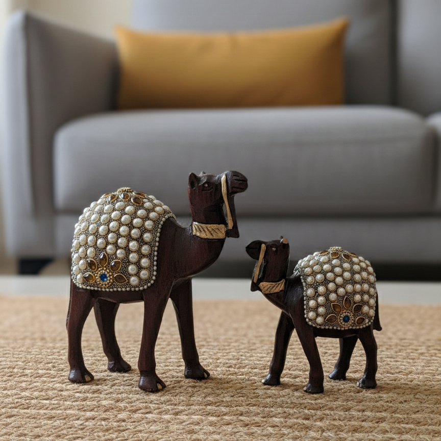 Hand carved camel Large & Small figurines with pearl details for Home Decor