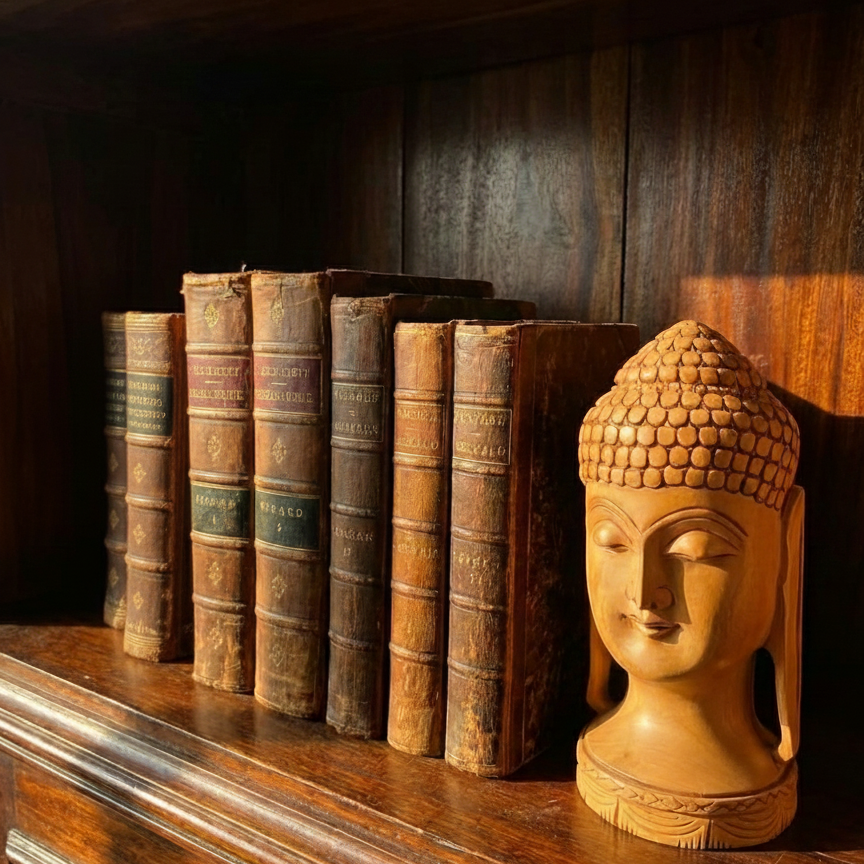 Hand-carved wooden Buddha head statue placed on a book shelf