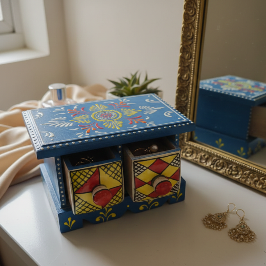 Hand-painted blue jewelry box with colorful geometric patterns  and two ceramic drawers sits on a white tabletop next to a gold-framed mirror, with gold earrings and a perfume bottle nearby.